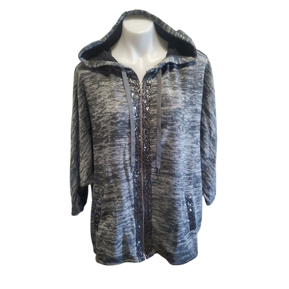 Y2K Juicy Couture Hoodie XL Gray Sequin Trim Track Jacket Goth Glam Athleisure